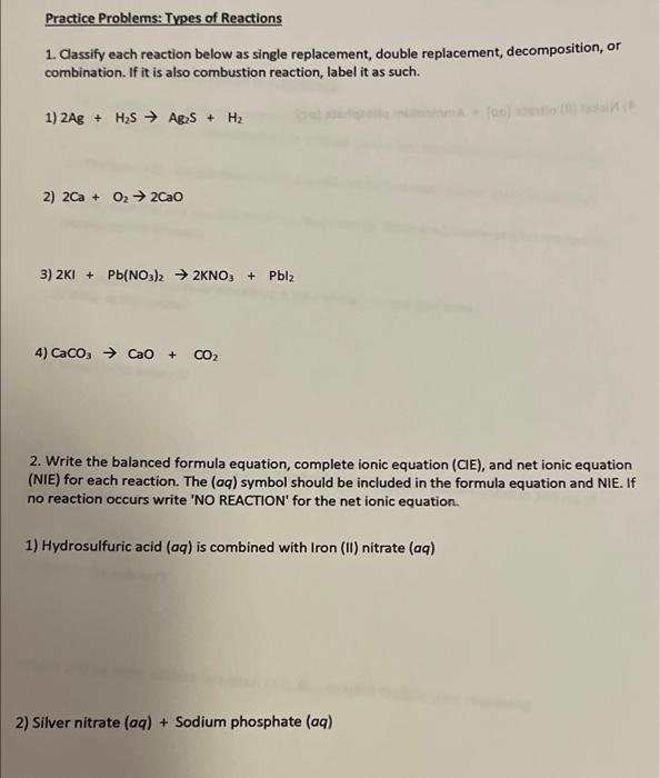 Solved Practice Problems: Types of Reactions 1. Classify | Chegg.com