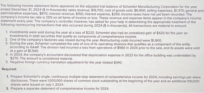 Solved The Following Income Statement Items Appeared On The | Chegg.com