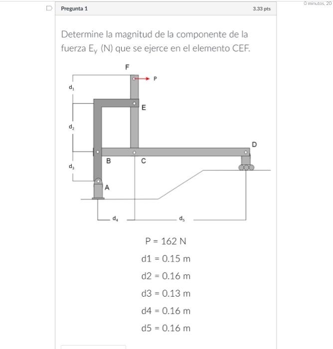 Pregunta 1 0 minutas, 20 Determine la magnitud de la componente de la fuerza \( E_{y}(N) \) que se ejerce en el elemento CEF