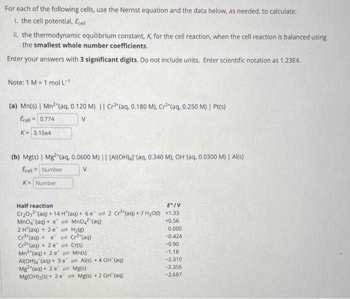 Solved the Ecell for a was marked correct however I'm not | Chegg.com