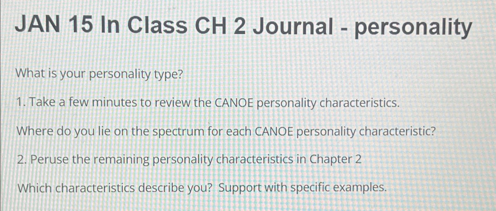 Solved JAN 15 ﻿In Class CH 2 ﻿Journal ﻿personalityWhat is