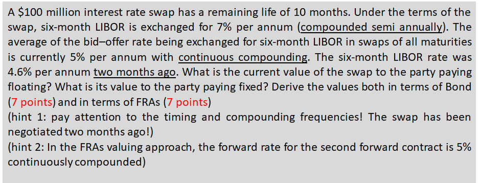 Solved A $100 ﻿million interest rate swap has a remaining | Chegg.com