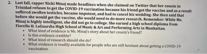 Solved 2. Last fall, rapper Nicki Minaj made headlines when | Chegg.com