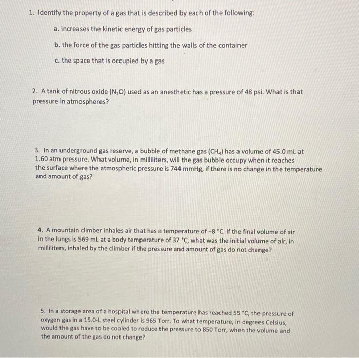 Solved 1. Identify the property of a gas that is described | Chegg.com