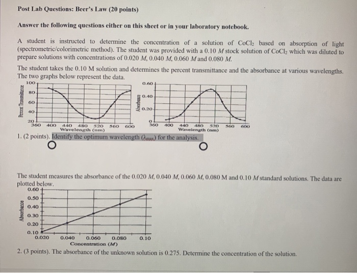 Solved Post Lab Questions Beer's Law (20 points) Answer the