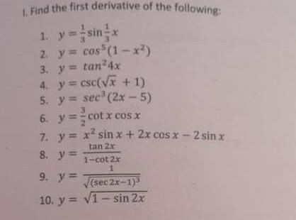 Solved 1 Find The First Derivative Of The Following 1 Y Chegg Com