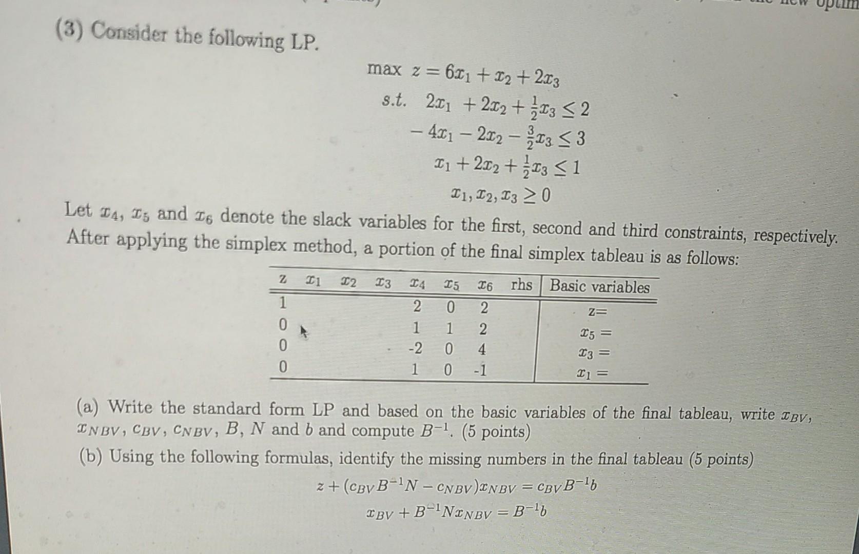 Solved (3) Consider The Following LP. Maxz=6x1+x2+2x3 S.t. | Chegg.com