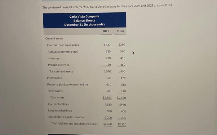 The condensed financial statements of Carla Vista Company for the years 2024 and 2025 are as follows.