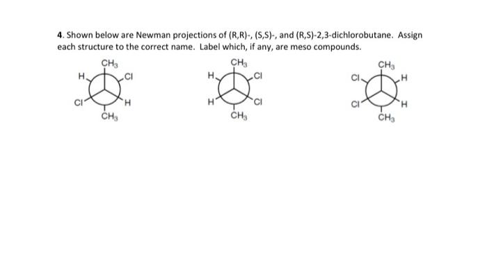 4. Shown below are Newman projections of (R,R)-, \( (S, S)- \), and (R, \( S) \)-2,3-dichlorobutane. Assign each structure to