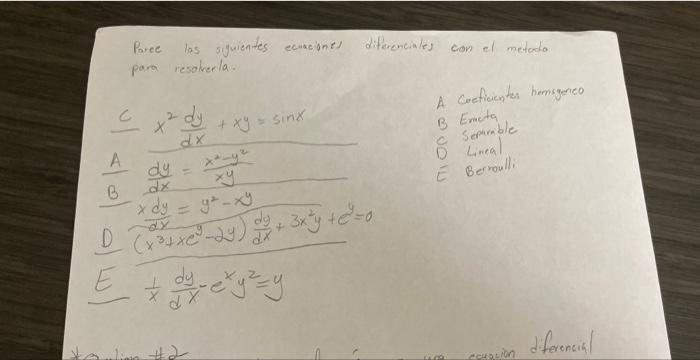 Paree las suguientes ecuaciones diferenciales con el metado para resolverla. A coeficentes hemsyen (3) Emeta O Separmble D Li