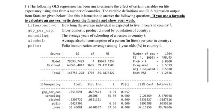Solved 1.) The following OLS regression has been run to | Chegg.com