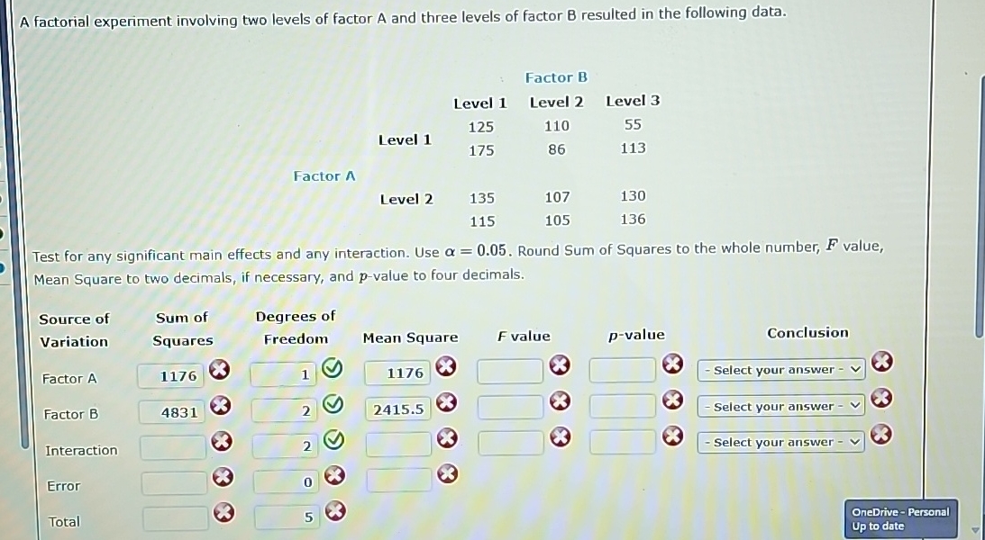 Solved A factorial experiment involving two levels of factor | Chegg.com