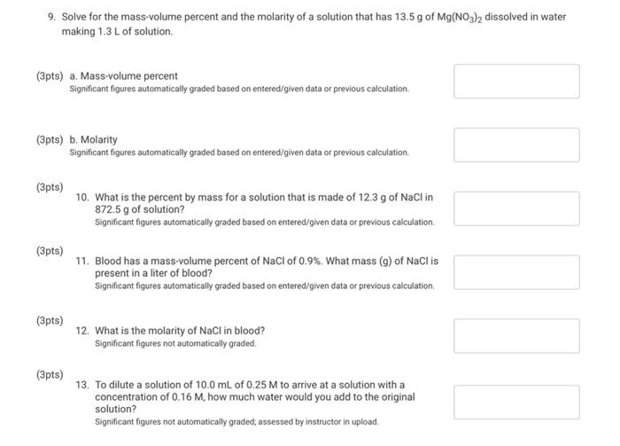 Solved 9. Solve for the mass-volume percent and the molarity | Chegg.com