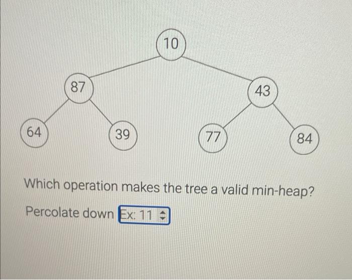 Solved 10 87 43 64 39 77 84 Which operation makes the tree a | Chegg.com