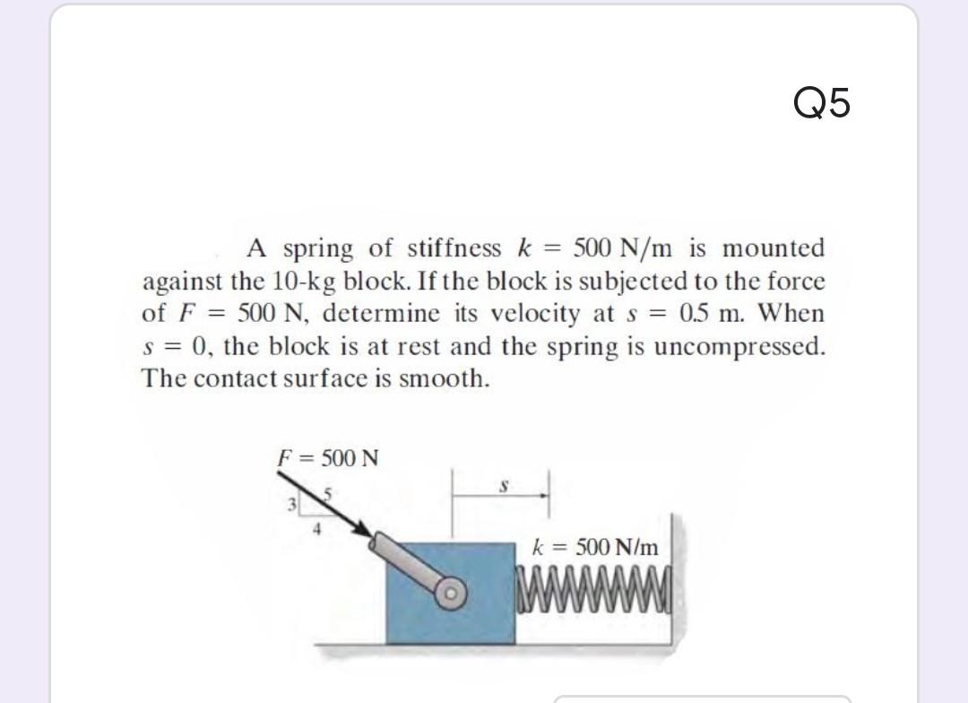 Solved Q5 A spring of stiffness k = 500 N/m is mounted | Chegg.com