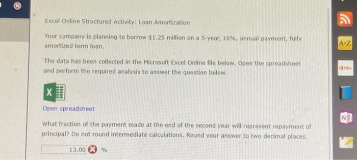 Solved Excel Online Structured Activity: Loan Amortization | Chegg.com