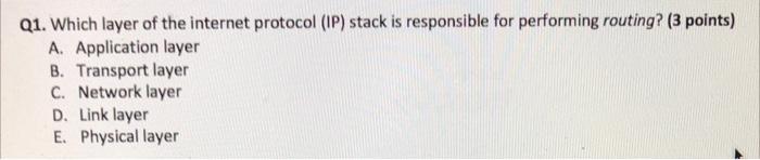 Solved Q1. Which layer of the internet protocol (IP) stack | Chegg.com