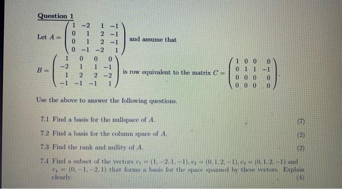 Solved and assume that Question 1 -2 Let A = 0 0 1 2 - 0 -1 | Chegg.com