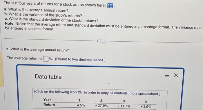 Solved The last four years of returns for a stock are as | Chegg.com