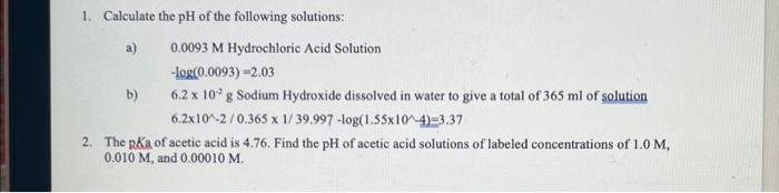 calculate ph of the following solutions