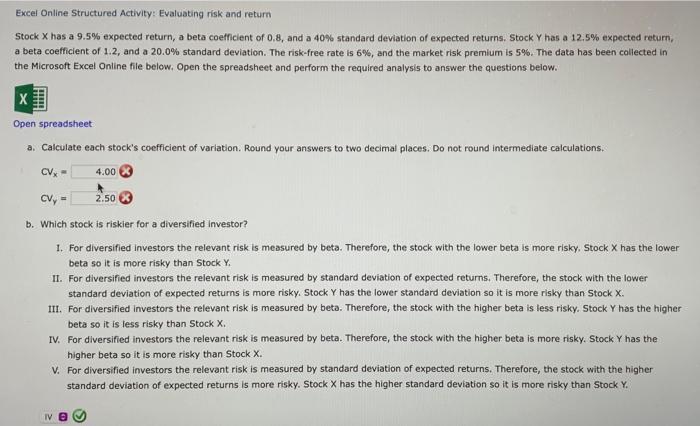 Solved Excel Online Structured Activity: Evaluating risk and | Chegg.com