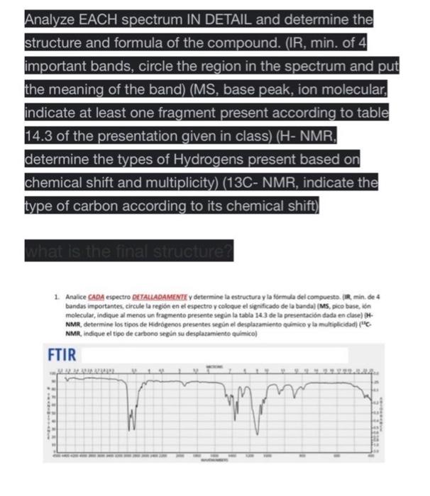 Analyze EACH spectrum IN DETAIL and determine the structure and formula of the compound. (IR, min. of 4 important bands, circ