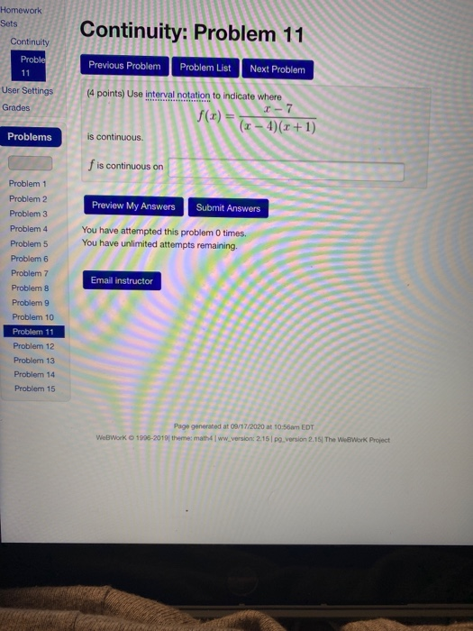 Solved Homework Sets Continuity Proble 11 User Settings | Chegg.com