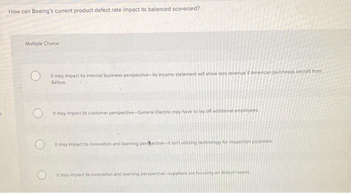 How can Boeings current product defect rate impact its balanced scorecard?
Multiple Choice
It may impact its internal busine