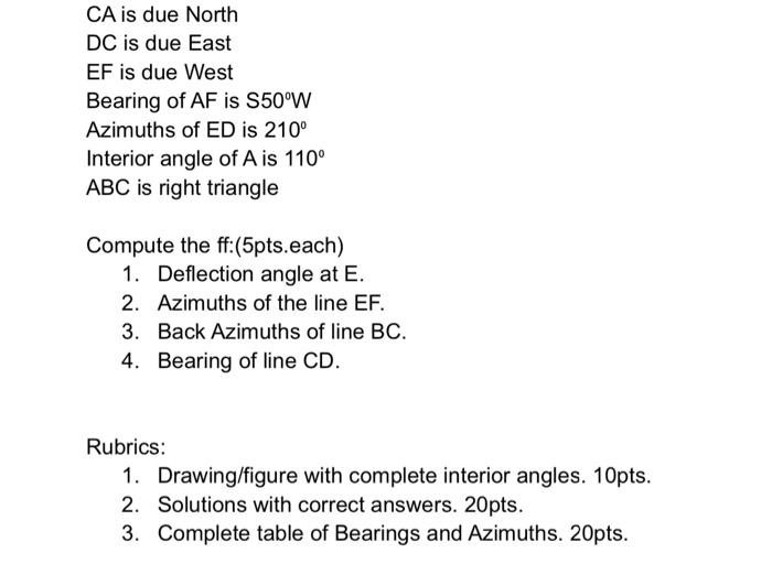 Solved CA is due North DC is due East EF is due West Bearing | Chegg.com