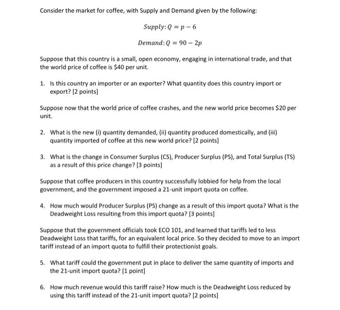 Solved Consider the market for coffee, with Supply and