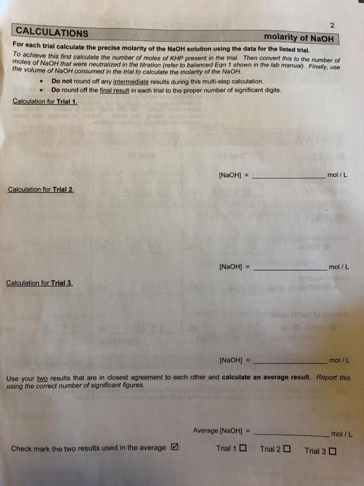 Solved Calculations Molarity Of Naoh For Each Trial Calcu Chegg Com