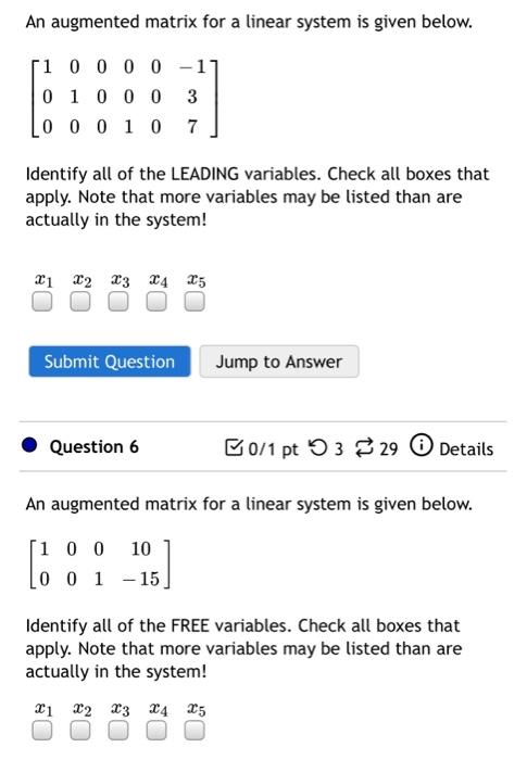 Solved An augmented matrix for a linear system is given | Chegg.com