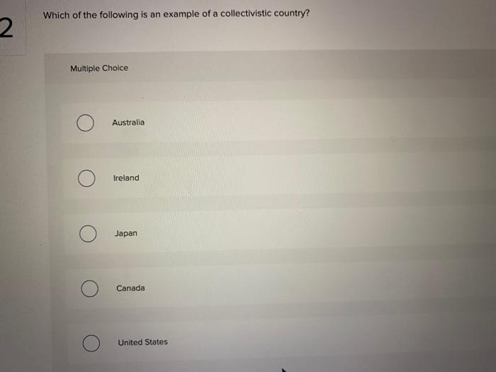 Which of the following is an example of a collectivistic country?
Multiple Choice
Australia
Ireland
Japan
Canada
United State