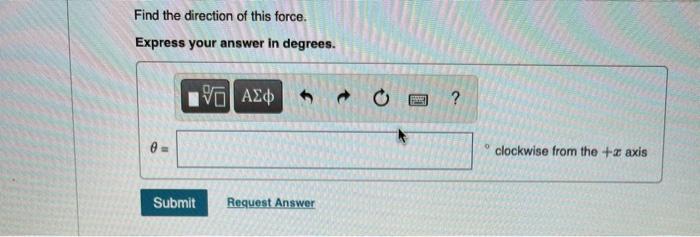 Find the direction of this force.
Express your answer in degrees.