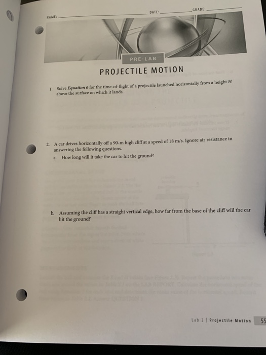 Solved Date Grade Name X Pre Lab Projectile Motion 1 Solve 5219