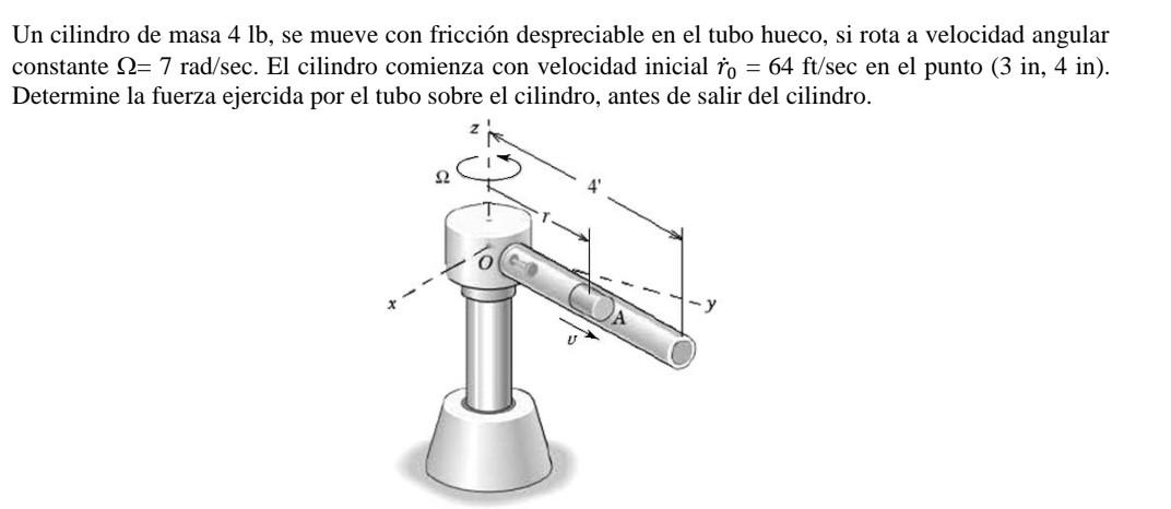 Un cilindro de masa \( 4 \mathrm{lb} \), se mueve con fricción despreciable en el tubo hueco, si rota a velocidad angular con