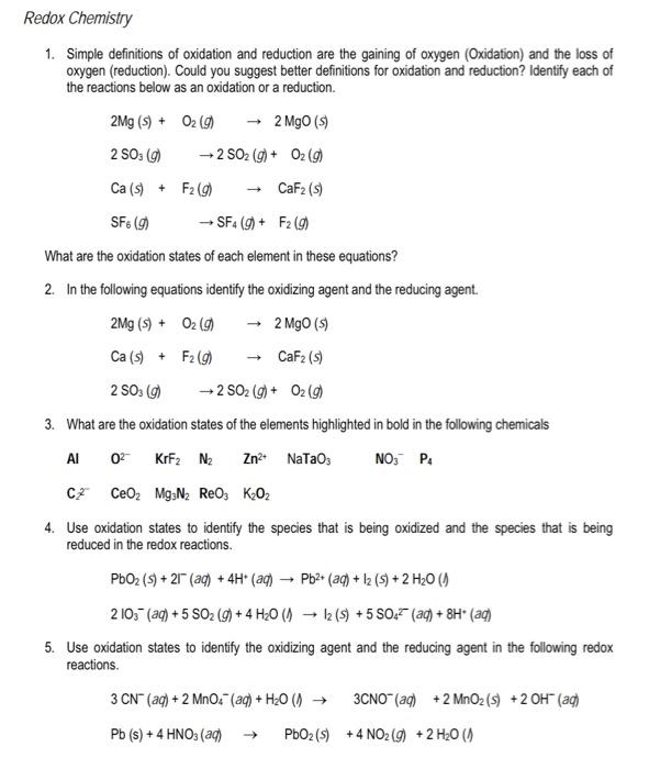 Solved 1. Simple Definitions Of Oxidation And Reduction Are 