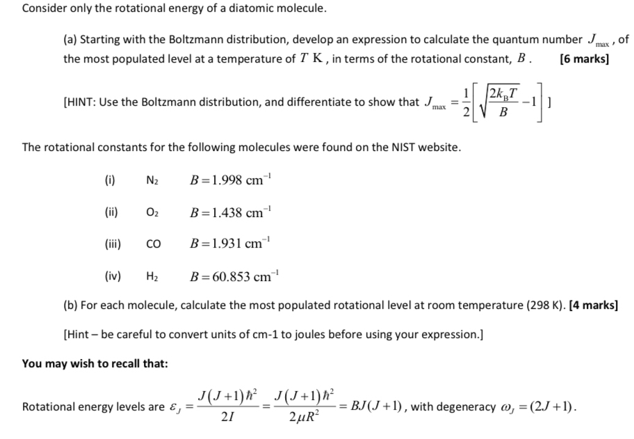 Solved Consider Only The Rotational Energy Of A Diatomic