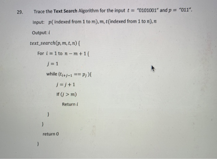 Trace the Text Search Algorithm for the input t = | Chegg.com