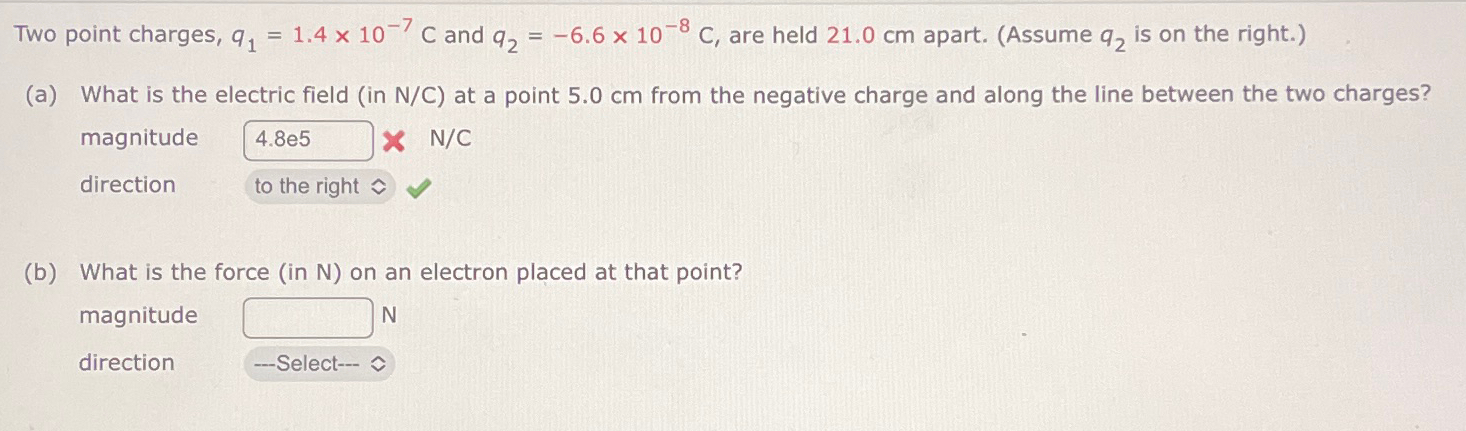 Solved Two point charges, q1=1.4×10-7C ﻿and q2=-6.6×10-8C, | Chegg.com