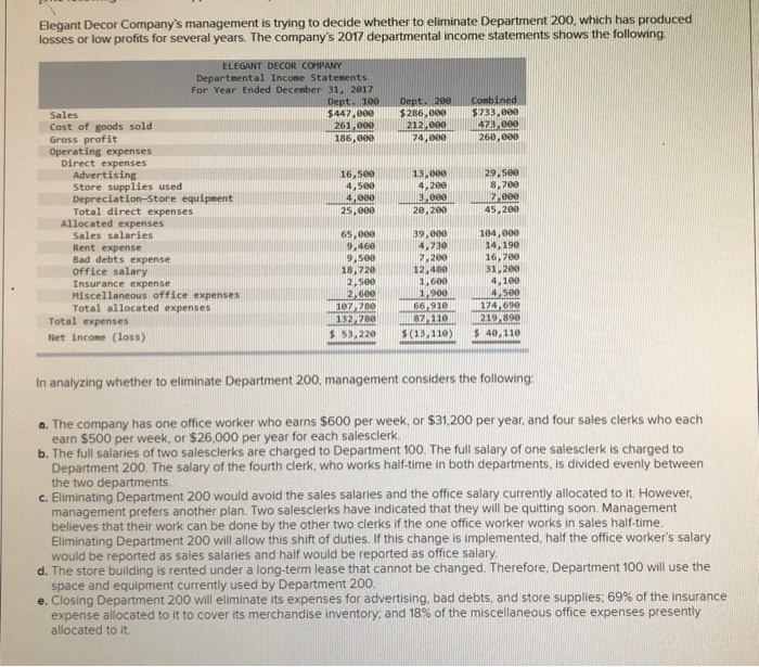 Elegant Decor Company's management is trying to