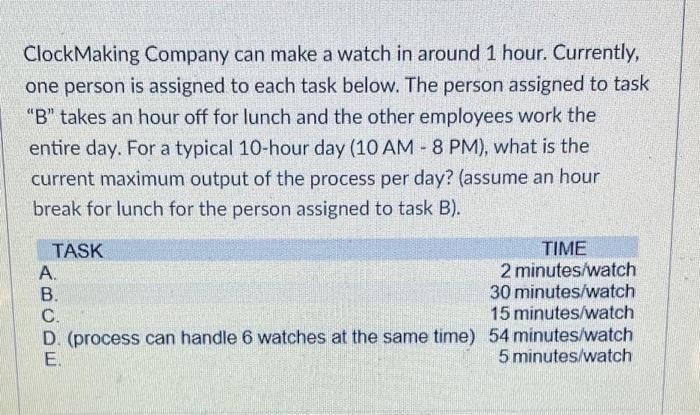 Solved ClockMaking Company can make a watch in around 1 | Chegg.com