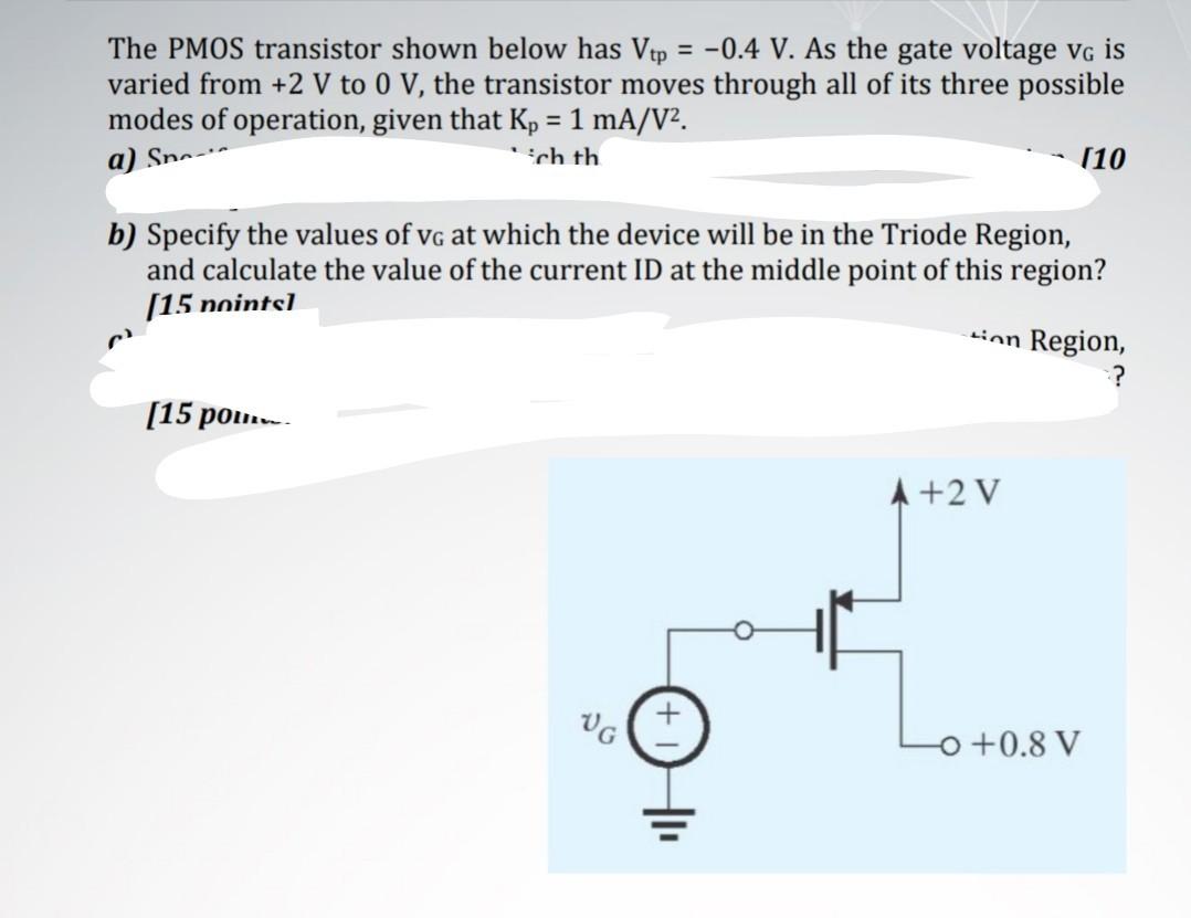 Solved The PMOS Transistor Shown Below Has Vtp = -0.4 V. As | Chegg.com