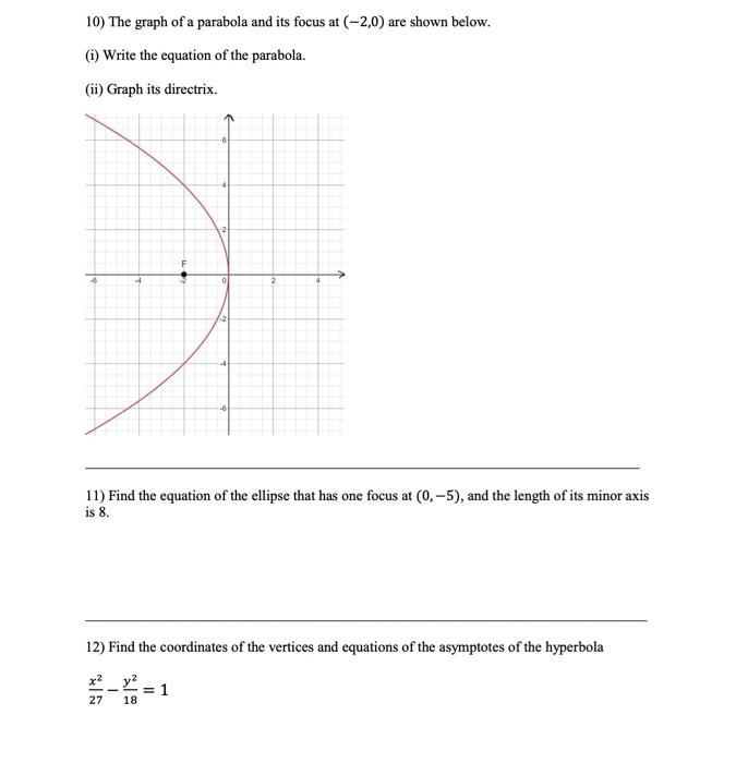 Solved 10) The graph of a parabola and its focus at (-2,0) | Chegg.com