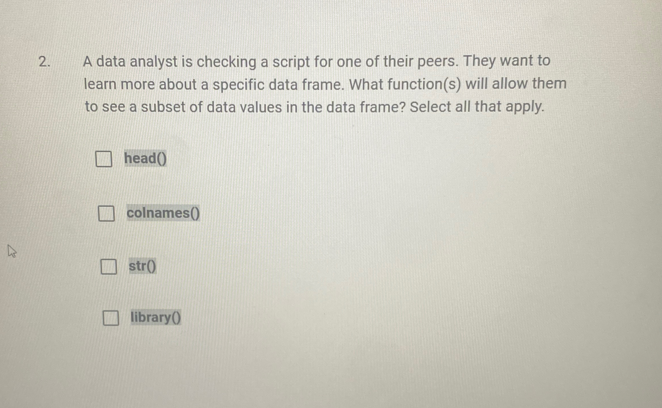 Solved A data analyst is checking a script for one of their | Chegg.com