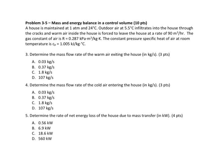 Solved Problem 3-5 - Mass And Energy Balance In A Control | Chegg.com