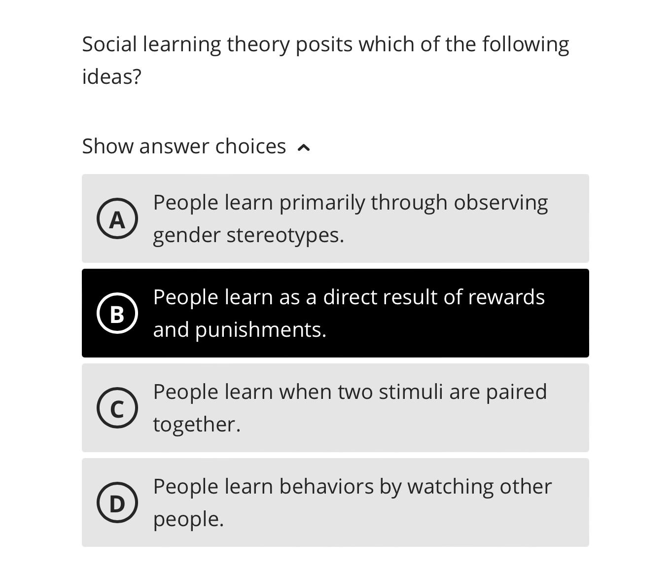 Solved Social learning theory posits which of the following | Chegg.com