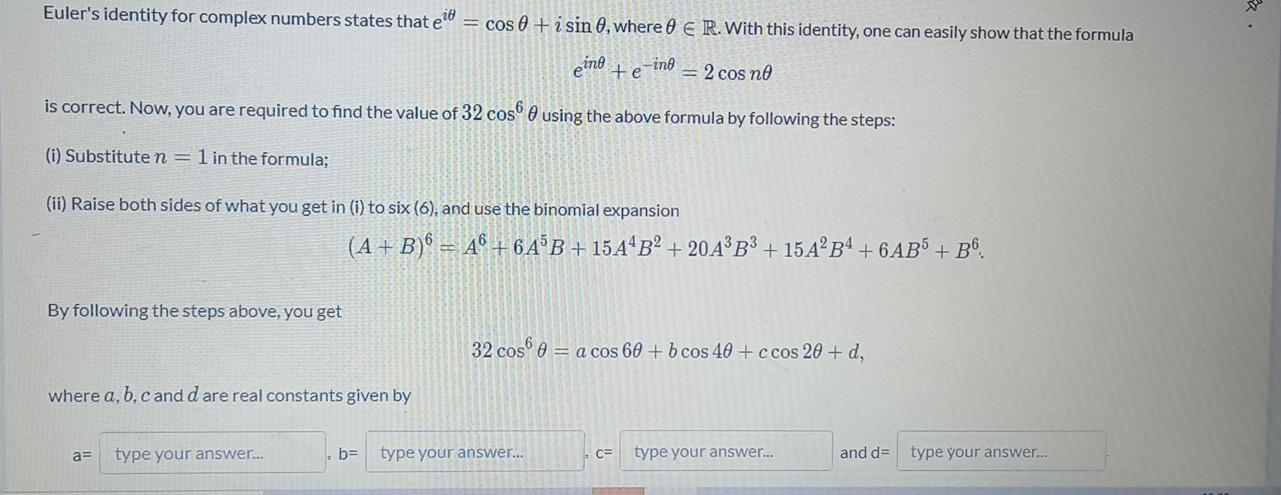 Solved a Euler's identity for complex numbers states that el | Chegg.com