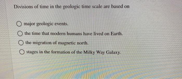 Solved Divisions of time in the geologic time scale are | Chegg.com