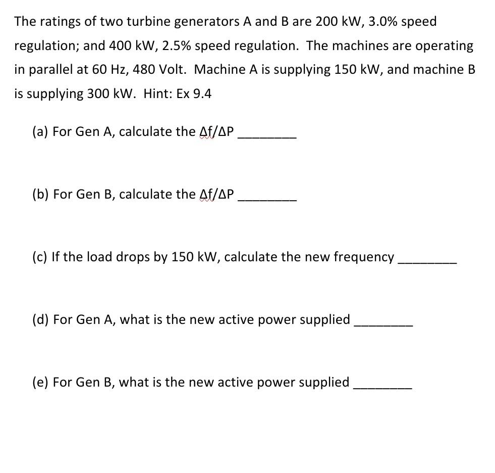 Solved The ratings of two turbine generators A and B are 200 | Chegg.com